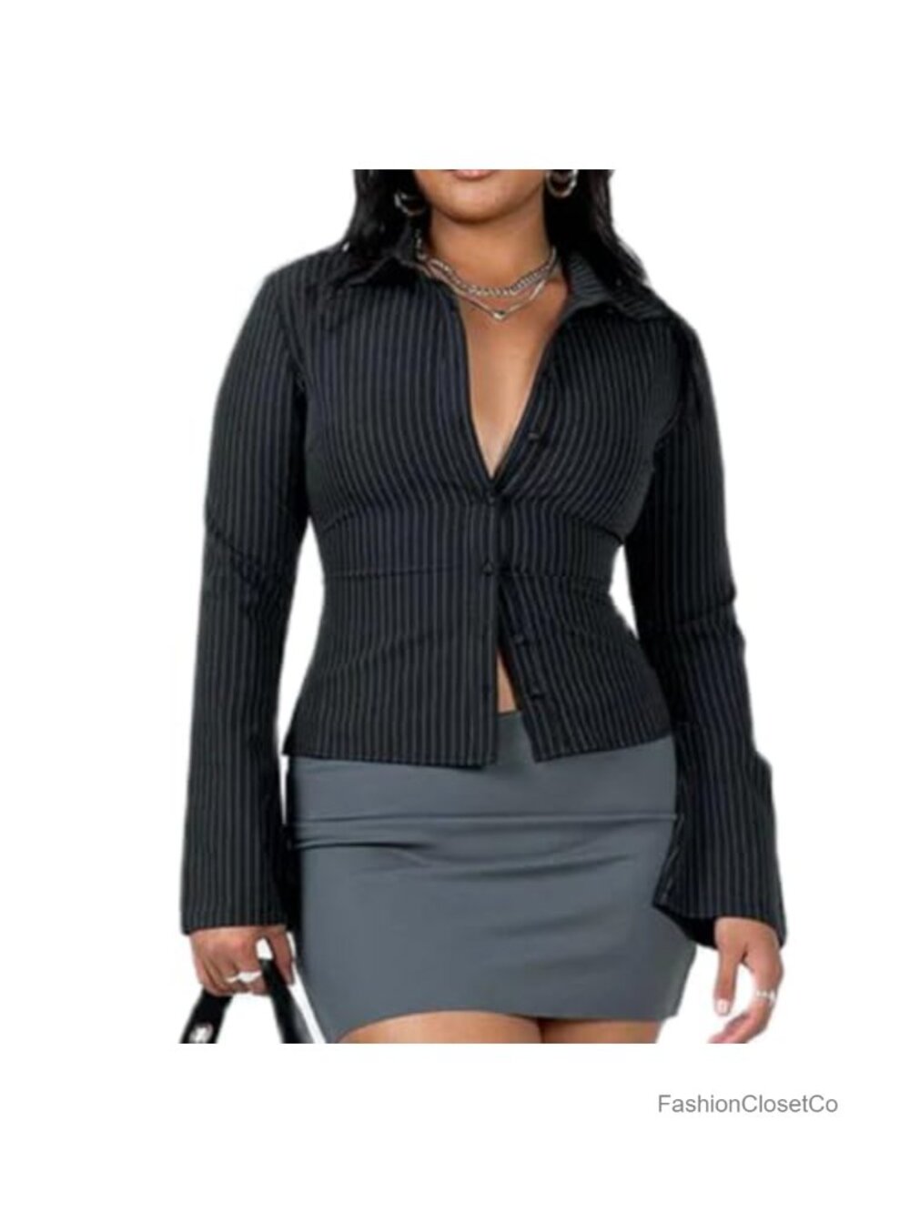 Women's Y2K Fitted Button Down Shirt Long Sleeve V Neck Striped Blouse